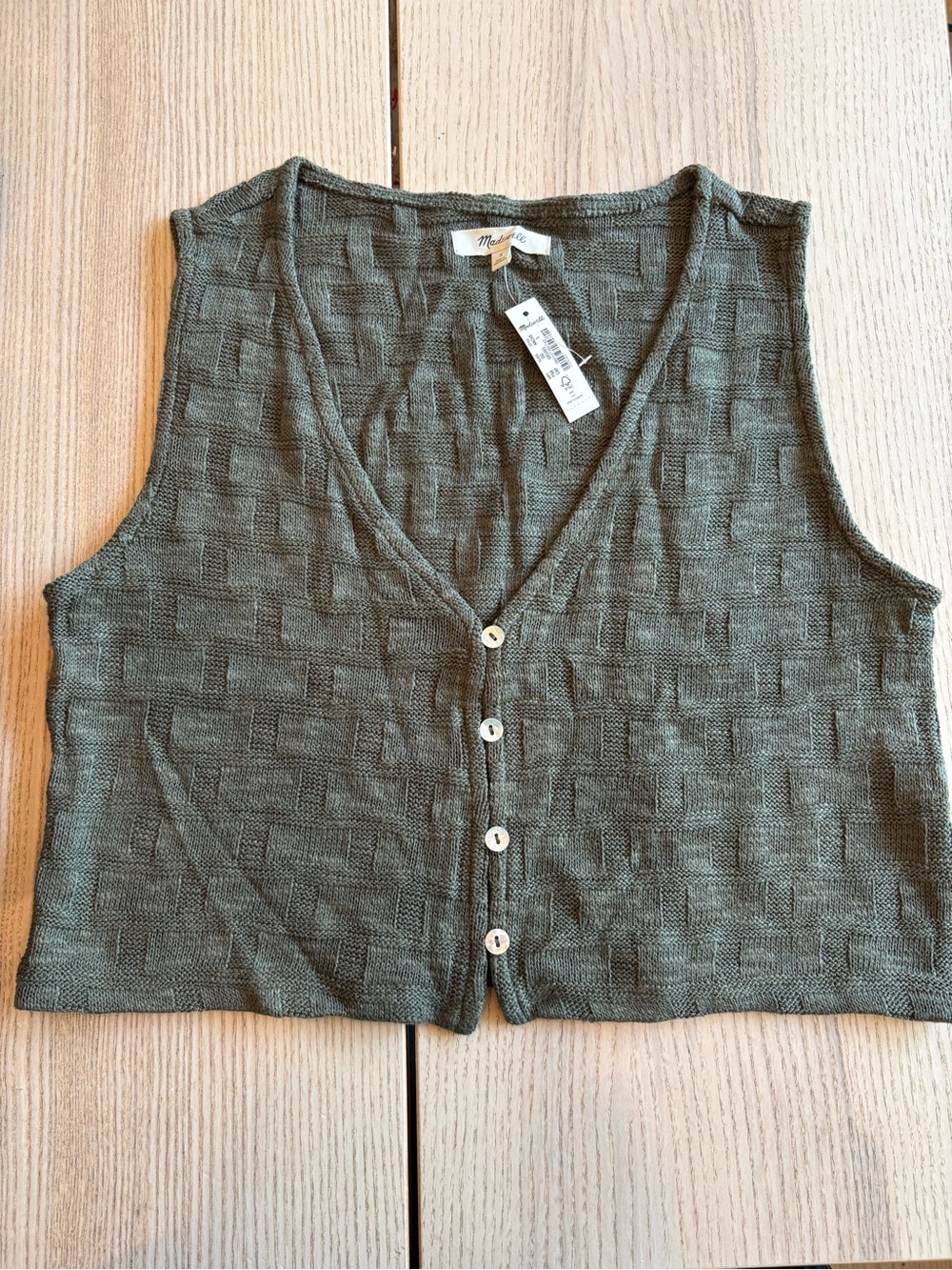 Madewell Olive Green Textured Knit Button Crop Vest